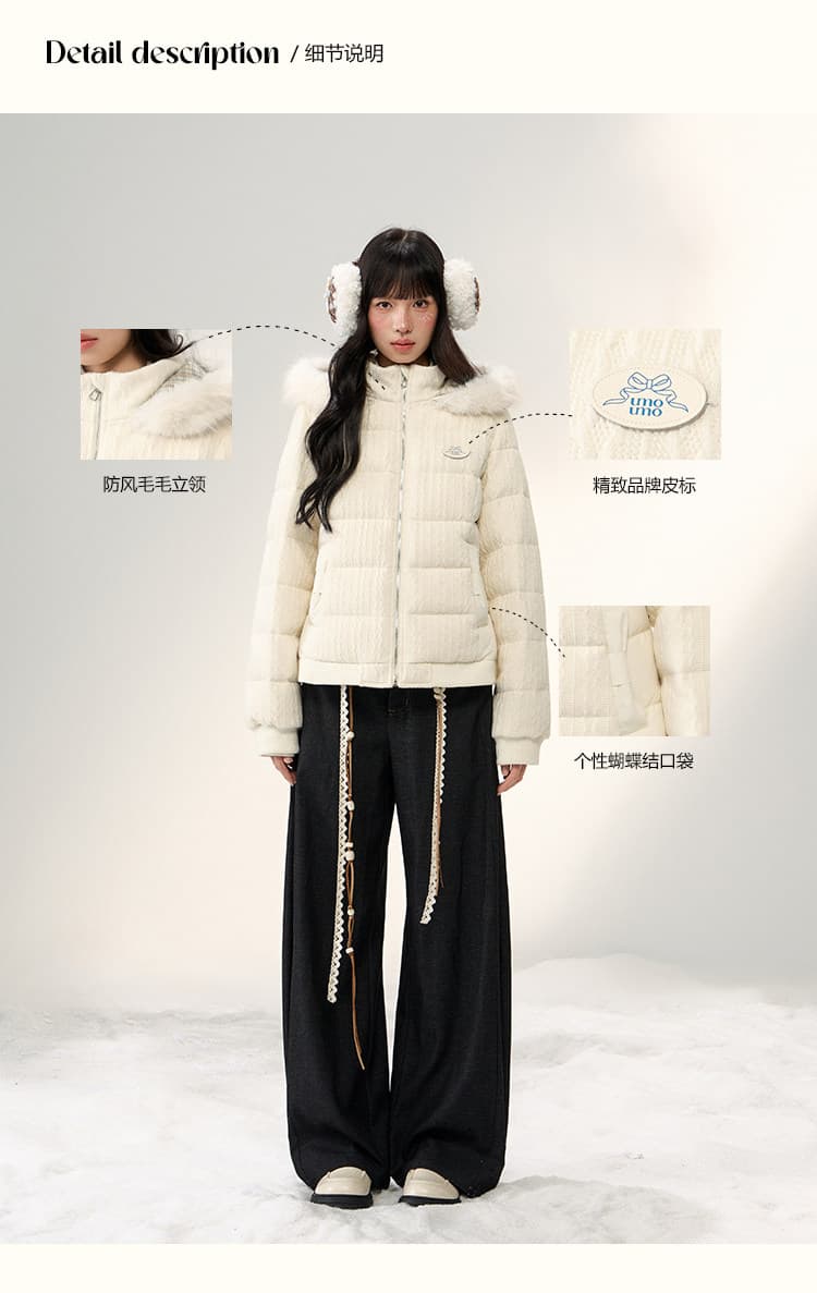umoumo 우 버섯 부드러운 다용도 작은 키 면 옷 트위스트 꽃 모직물 패치워크 후드 모피 칼라 허리 수축 여성 코트 상세 이미지 2