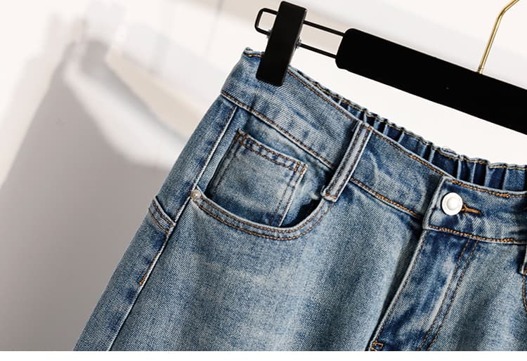 실사 빅 사이즈 여성 의류 새로운 캐주얼 데님 모통이 칼 바지 지방 mm 슬림해 보이는 하프 밴딩 바닥 청소 바지 상세 이미지 19