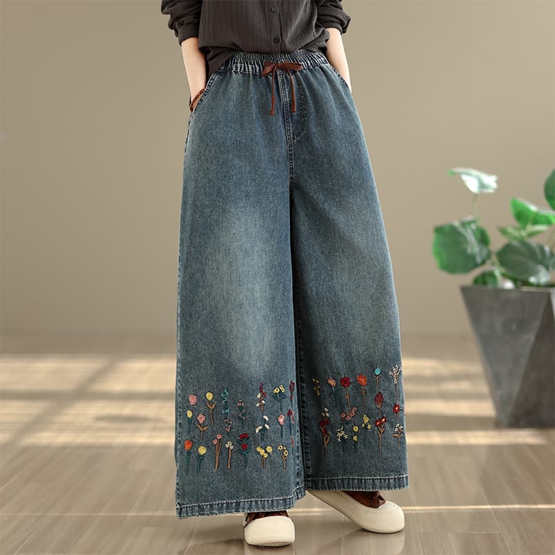 실사 지방 mm 봄 여름 얇은 스타일 레트로 루즈핏 자수 다용도 캐주얼 데님 와이드 레그 팬츠 이미지 3