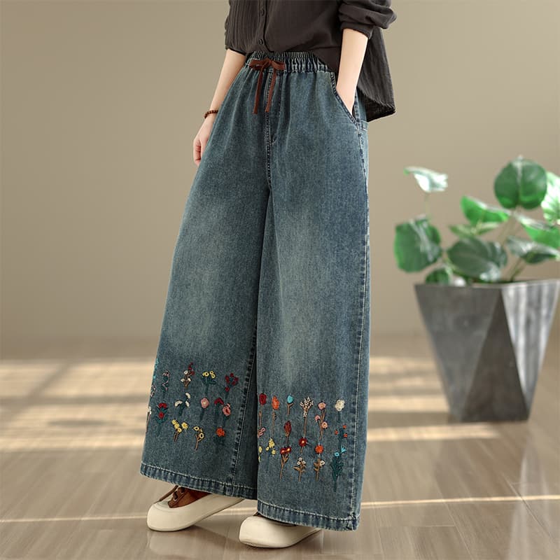 실사 지방 mm 봄 여름 얇은 스타일 레트로 루즈핏 자수 다용도 캐주얼 데님 와이드 레그 팬츠 이미지 5