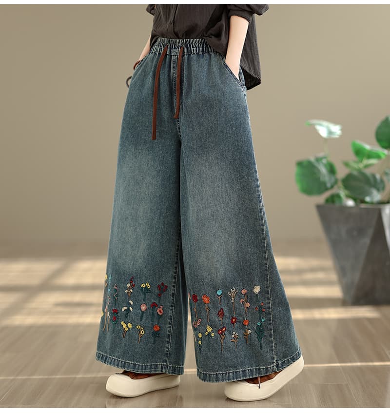 실사 지방 mm 봄 여름 얇은 스타일 레트로 루즈핏 자수 다용도 캐주얼 데님 와이드 레그 팬츠 상세 이미지 8