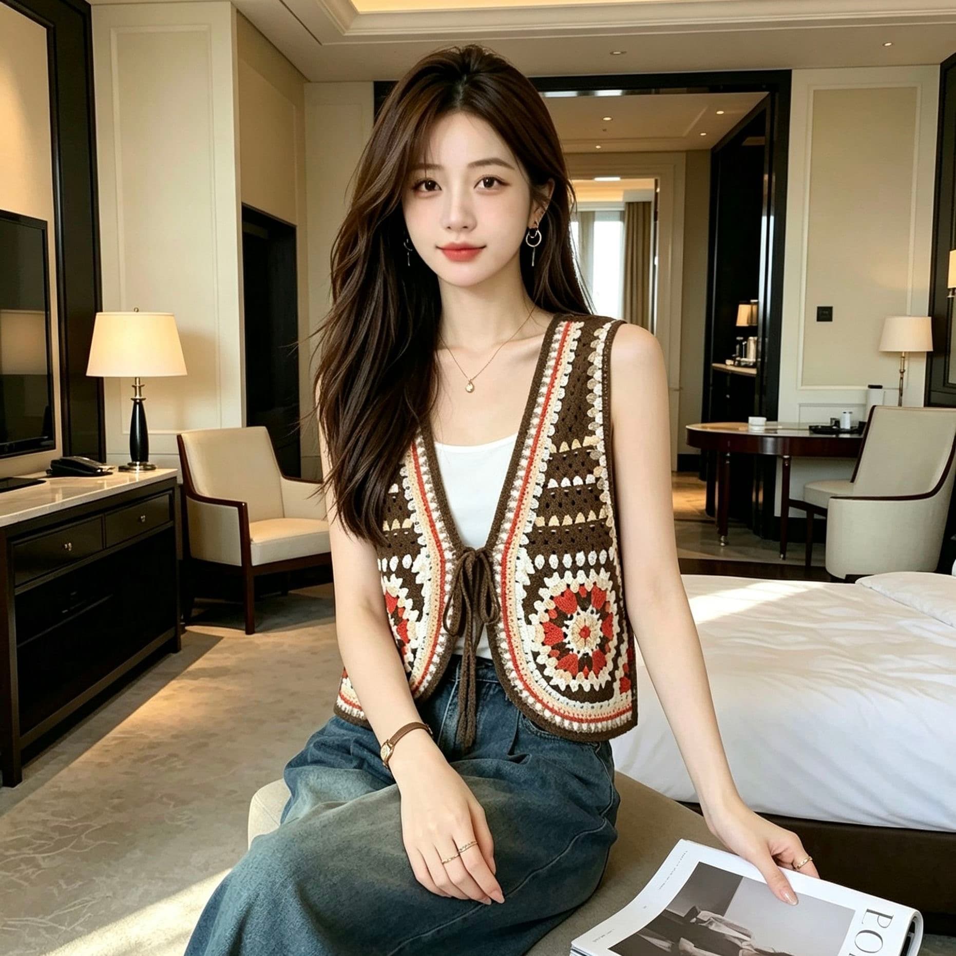 새로운 레트로 민족 스타일 패치워크 색상 자수 조끼 여자 여름 외출용 스택 착용 V넥 레이스업 쇼트 스타일 니트 조끼