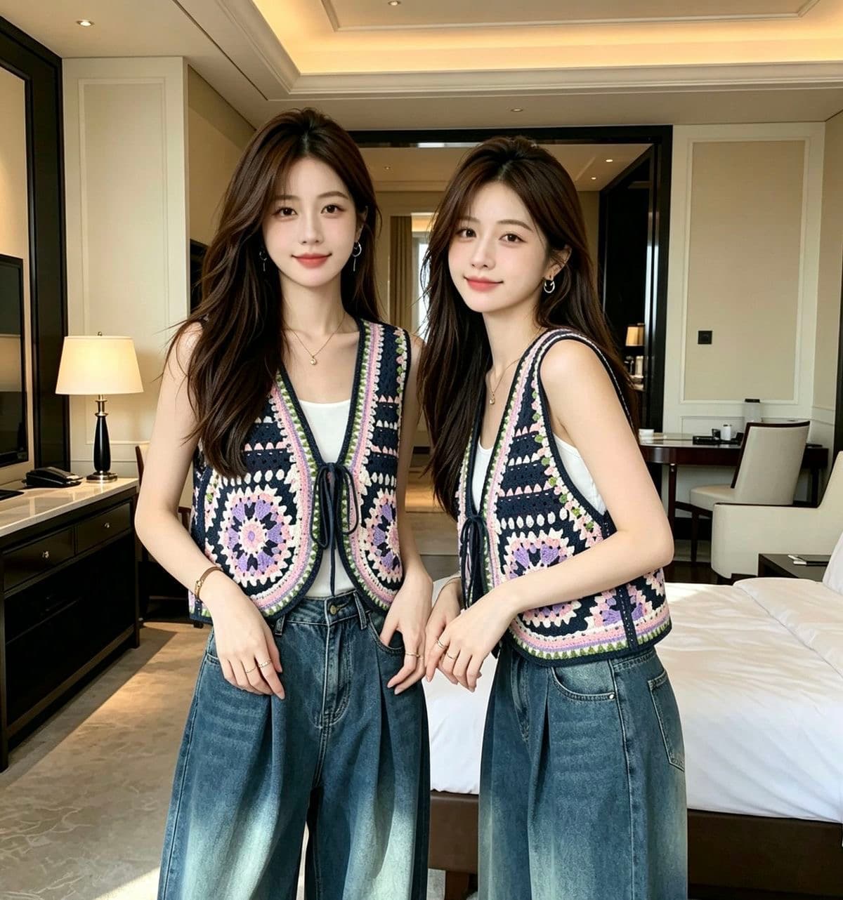 새로운 레트로 민족 스타일 패치워크 색상 자수 조끼 여자 여름 외출용 스택 착용 V넥 레이스업 쇼트 스타일 니트 조끼 상세 이미지 11