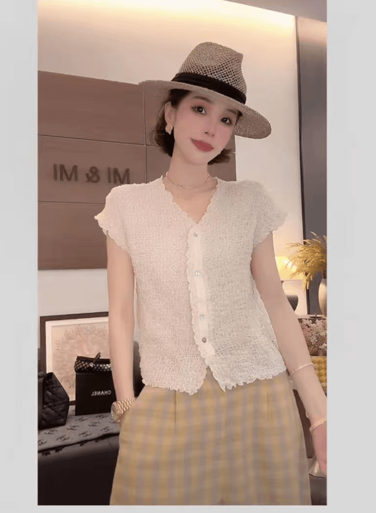 미니멀리즘 오래된 돈 바람 버블 질감 V넥 단추 반팔 티셔츠 다용도 루즈핏 캐주얼 스트레이트 풍선 바지 상세 이미지 2