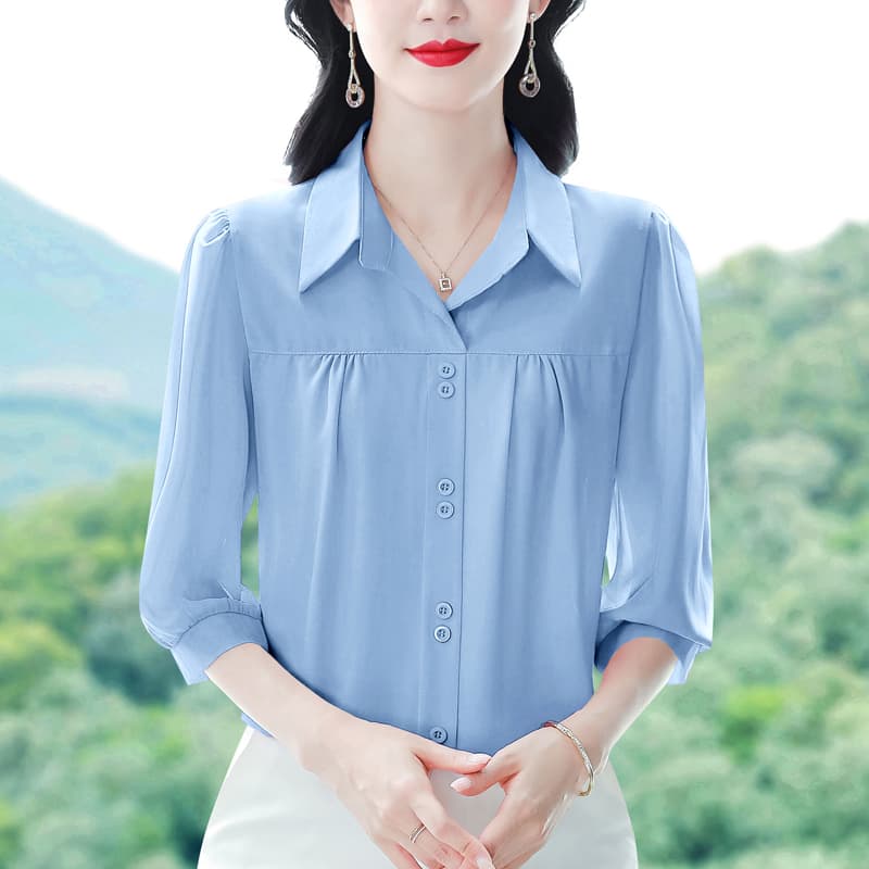 실사 2026 여름 새로운 외국 가스 7부 소매 맨위 품격 연령 감소 셔츠 여성 빅 사이즈 작은 셔츠 이미지 6
