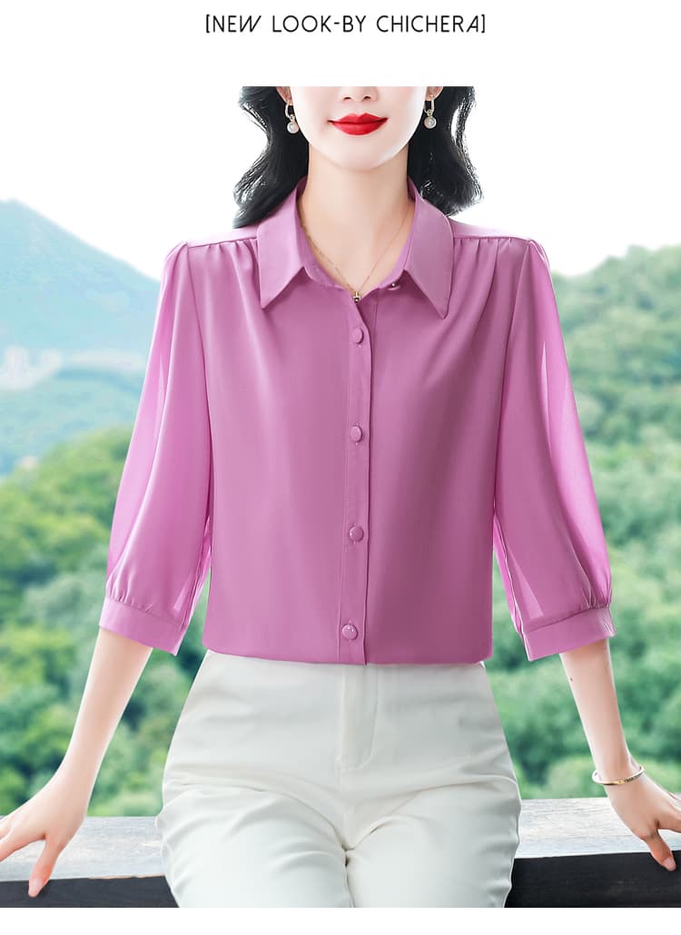 실사 2026 여름 새로운 외국 가스 7부 소매 맨위 품격 연령 감소 셔츠 여성 빅 사이즈 작은 셔츠 상세 이미지 16