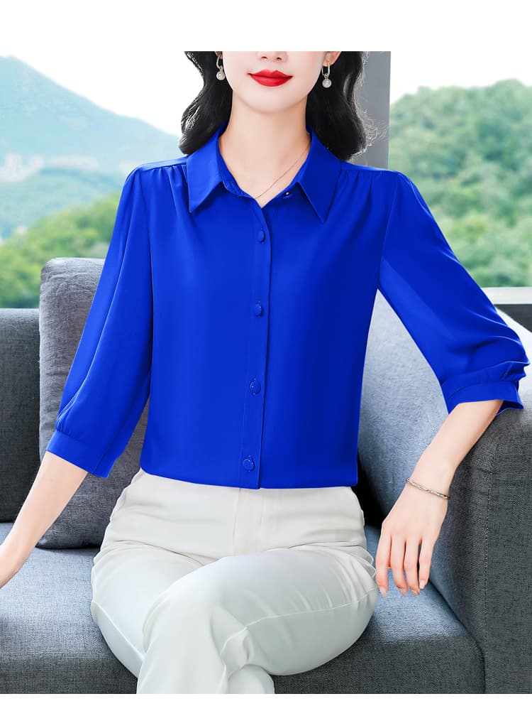 실사 2026 여름 새로운 외국 가스 7부 소매 맨위 품격 연령 감소 셔츠 여성 빅 사이즈 작은 셔츠 상세 이미지 49