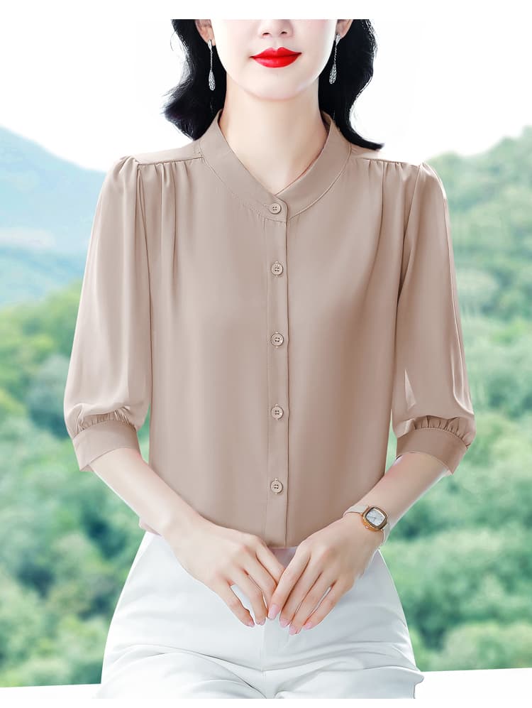 실사 2026 여름 새로운 외국 가스 7부 소매 맨위 품격 연령 감소 라운드 넥 셔츠 여성 빅 사이즈 작은 셔츠 상세 이미지 31