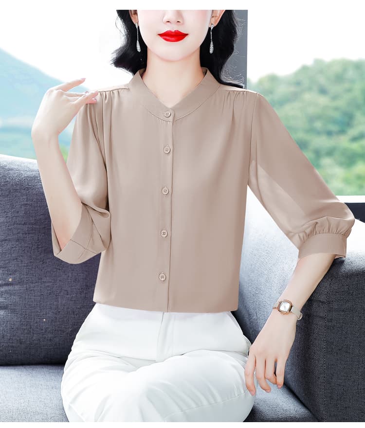 실사 2026 여름 새로운 외국 가스 7부 소매 맨위 품격 연령 감소 라운드 넥 셔츠 여성 빅 사이즈 작은 셔츠 상세 이미지 35