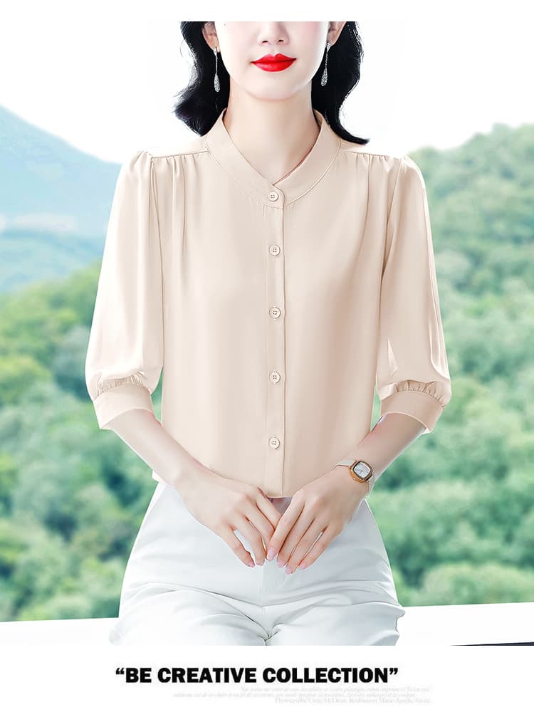 실사 2026 여름 새로운 외국 가스 7부 소매 맨위 품격 연령 감소 라운드 넥 셔츠 여성 빅 사이즈 작은 셔츠 상세 이미지 66