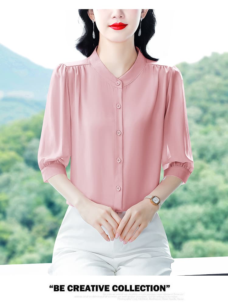 실사 2026 여름 새로운 외국 가스 7부 소매 맨위 품격 연령 감소 라운드 넥 셔츠 여성 빅 사이즈 작은 셔츠 상세 이미지 72