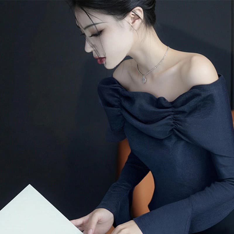 2026 새로운 가을 고유 한 Chic 품격 명문 여성 맨위 프랑스식 작은 포즈 세련된 외국 가스 파란색 오프숄더 맨위 이미지 5
