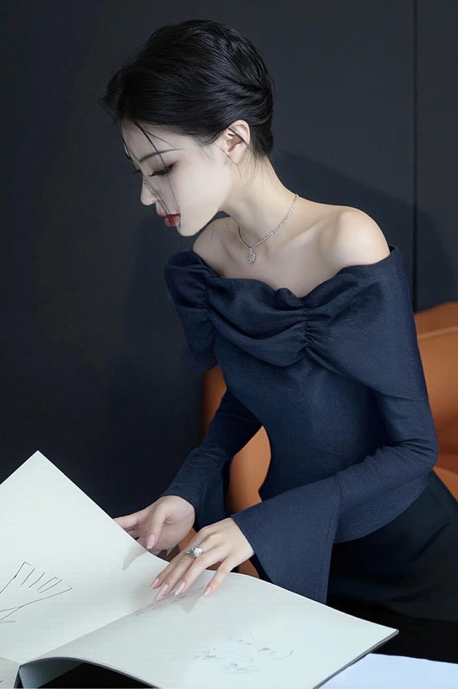 2026 새로운 가을 고유 한 Chic 품격 명문 여성 맨위 프랑스식 작은 포즈 세련된 외국 가스 파란색 오프숄더 맨위 이미지 6