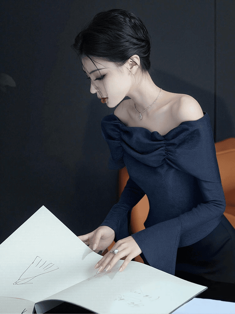 2026 새로운 가을 고유 한 Chic 품격 명문 여성 맨위 프랑스식 작은 포즈 세련된 외국 가스 파란색 오프숄더 맨위 상세 이미지 1