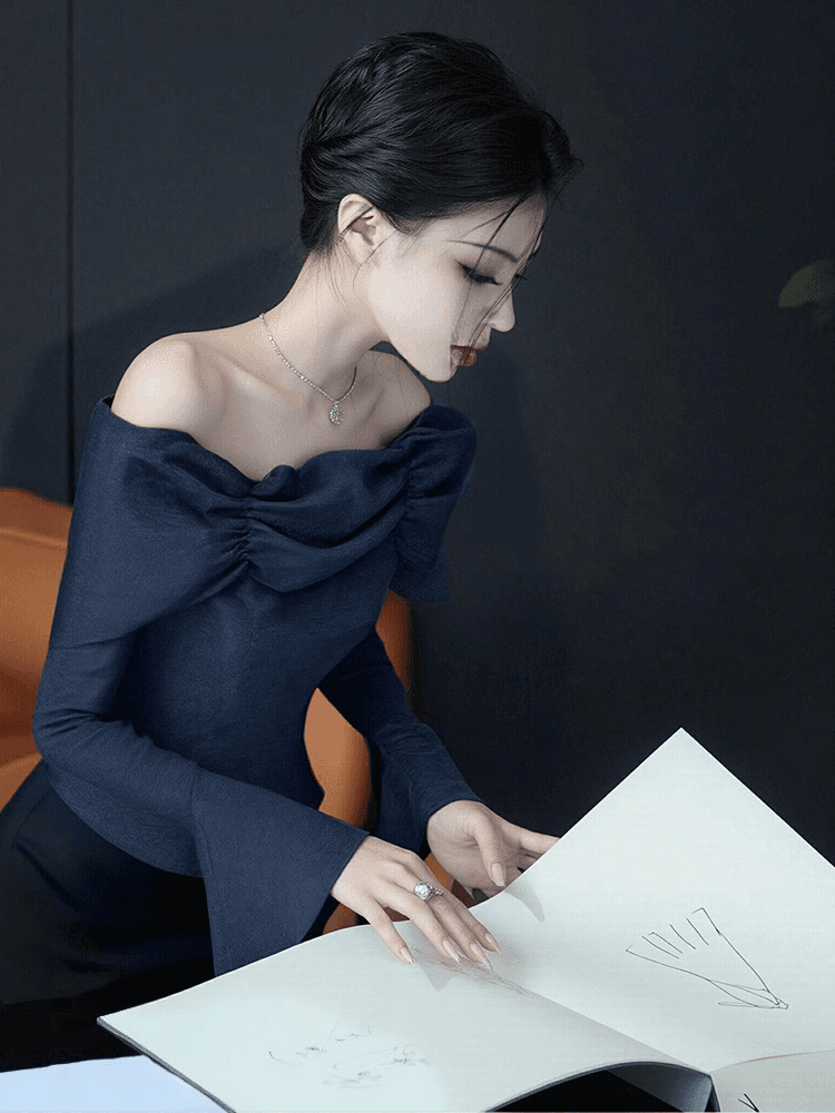 2026 새로운 가을 고유 한 Chic 품격 명문 여성 맨위 프랑스식 작은 포즈 세련된 외국 가스 파란색 오프숄더 맨위 상세 이미지 3
