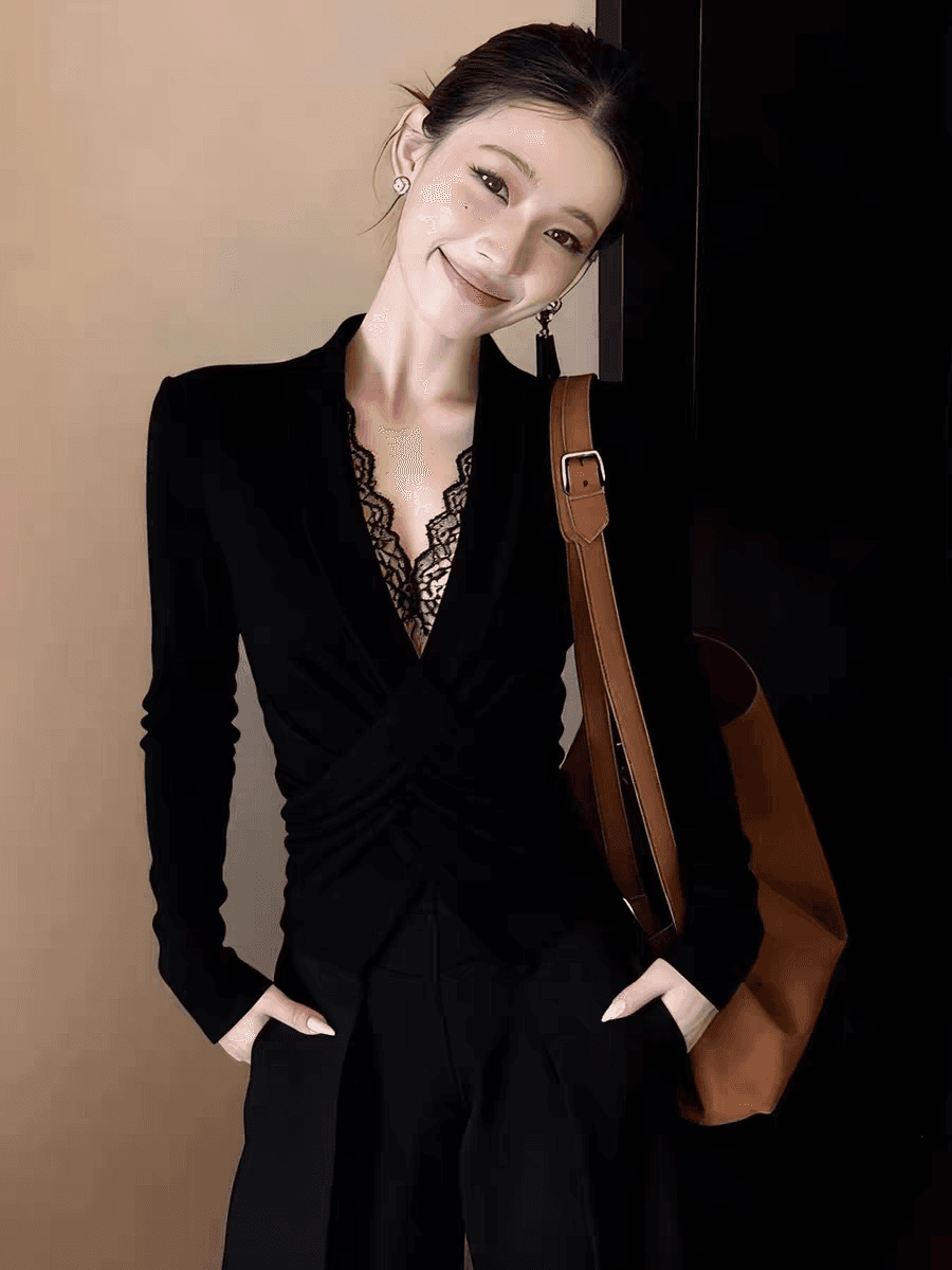 Chic 레이스 조각 V넥 검정색 티셔츠 여성 2026 조기 봄 몸매 가꾸기 허리 수축 기본 셔츠 섹시함 인사이드 잡아라. 의류 상세 이미지 2