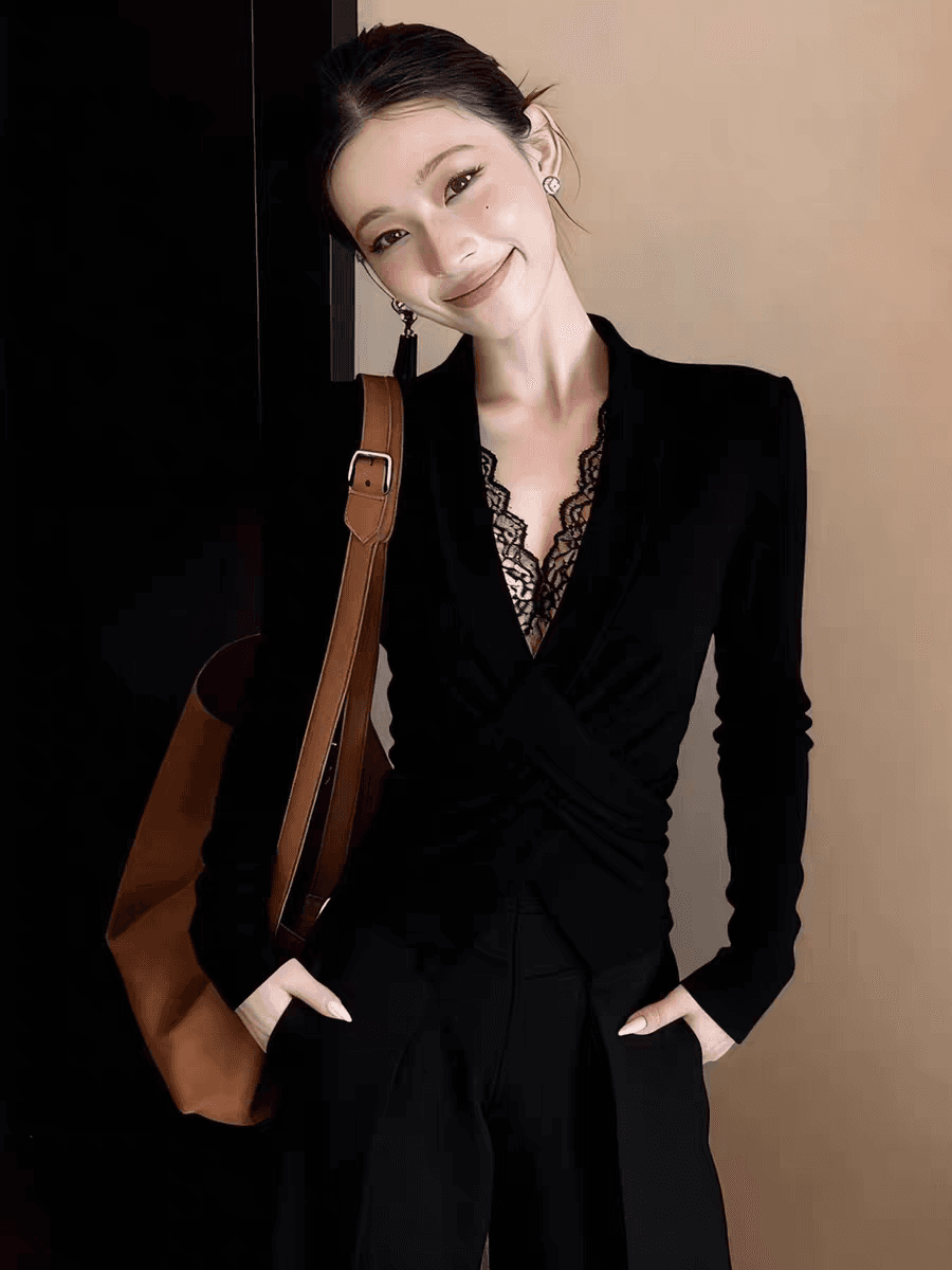 Chic 레이스 조각 V넥 검정색 티셔츠 여성 2026 조기 봄 몸매 가꾸기 허리 수축 기본 셔츠 섹시함 인사이드 잡아라. 의류 상세 이미지 3