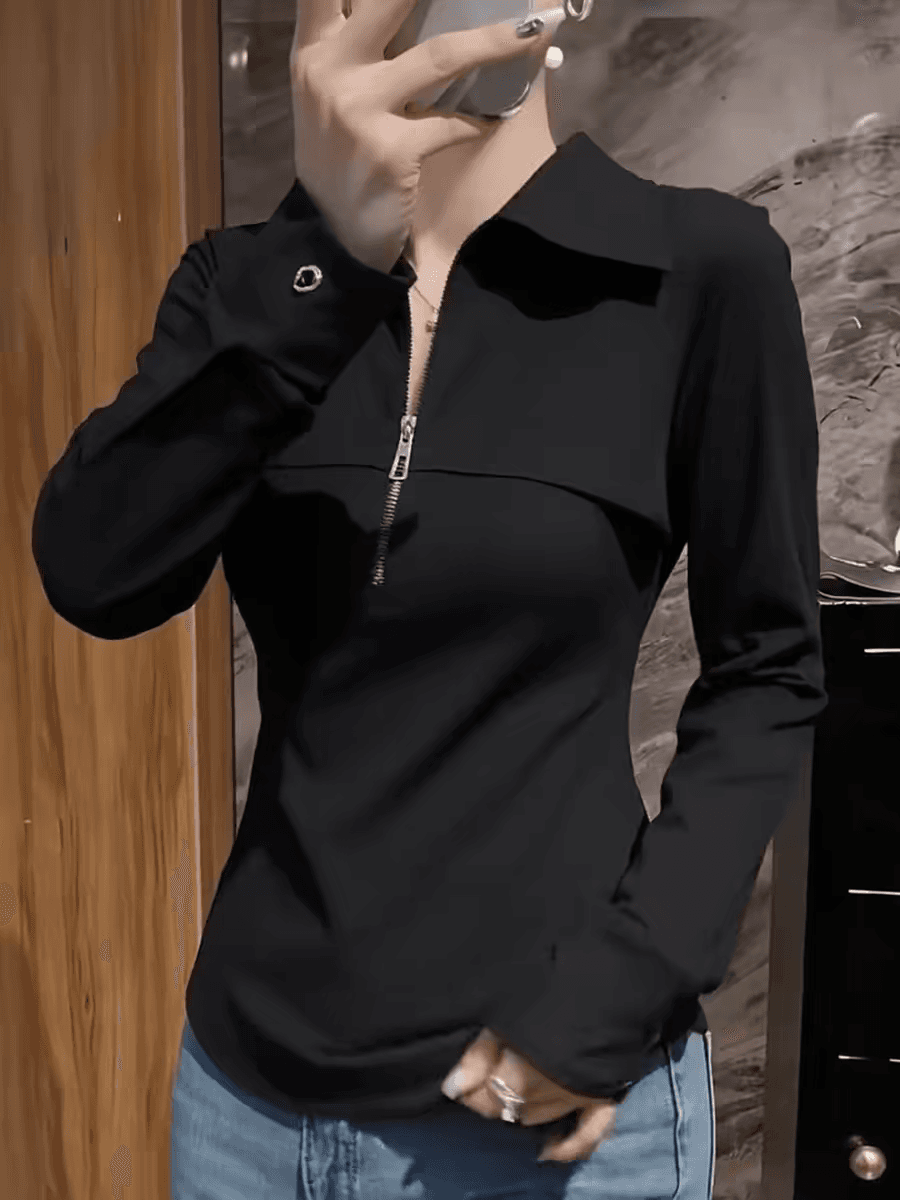 유럽 상품 고급 검정색 하프 지퍼 POLO 칼라 긴팔 티셔츠 봄 미니멀리즘 다용도 기본 셔츠 맨위 여성 이미지 4