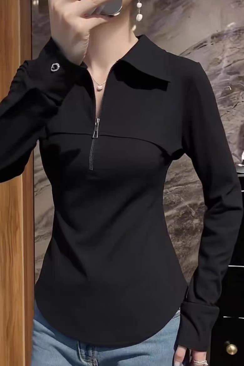 유럽 상품 고급 검정색 하프 지퍼 POLO 칼라 긴팔 티셔츠 봄 미니멀리즘 다용도 기본 셔츠 맨위 여성 이미지 6