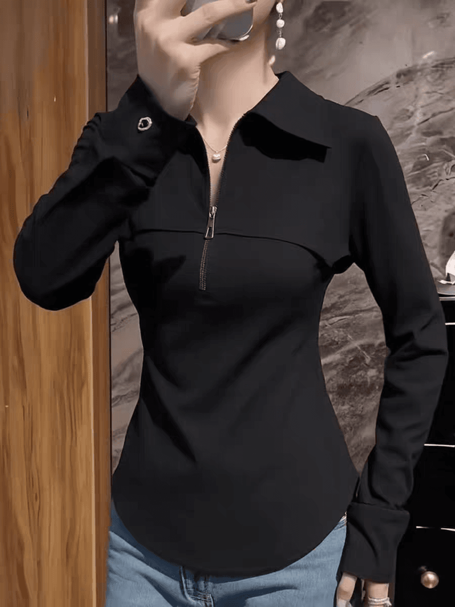 유럽 상품 고급 검정색 하프 지퍼 POLO 칼라 긴팔 티셔츠 봄 미니멀리즘 다용도 기본 셔츠 맨위 여성 상세 이미지 1