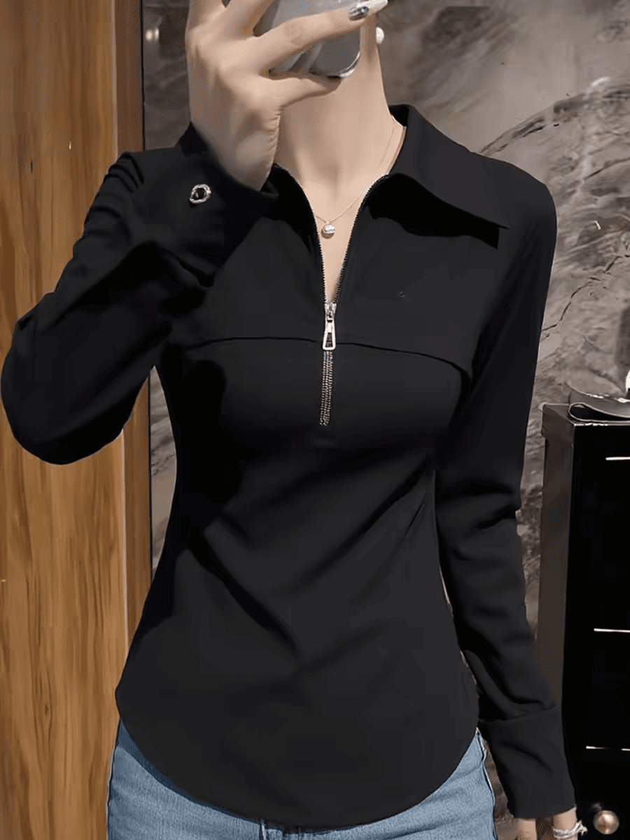 유럽 상품 고급 검정색 하프 지퍼 POLO 칼라 긴팔 티셔츠 봄 미니멀리즘 다용도 기본 셔츠 맨위 여성 상세 이미지 2