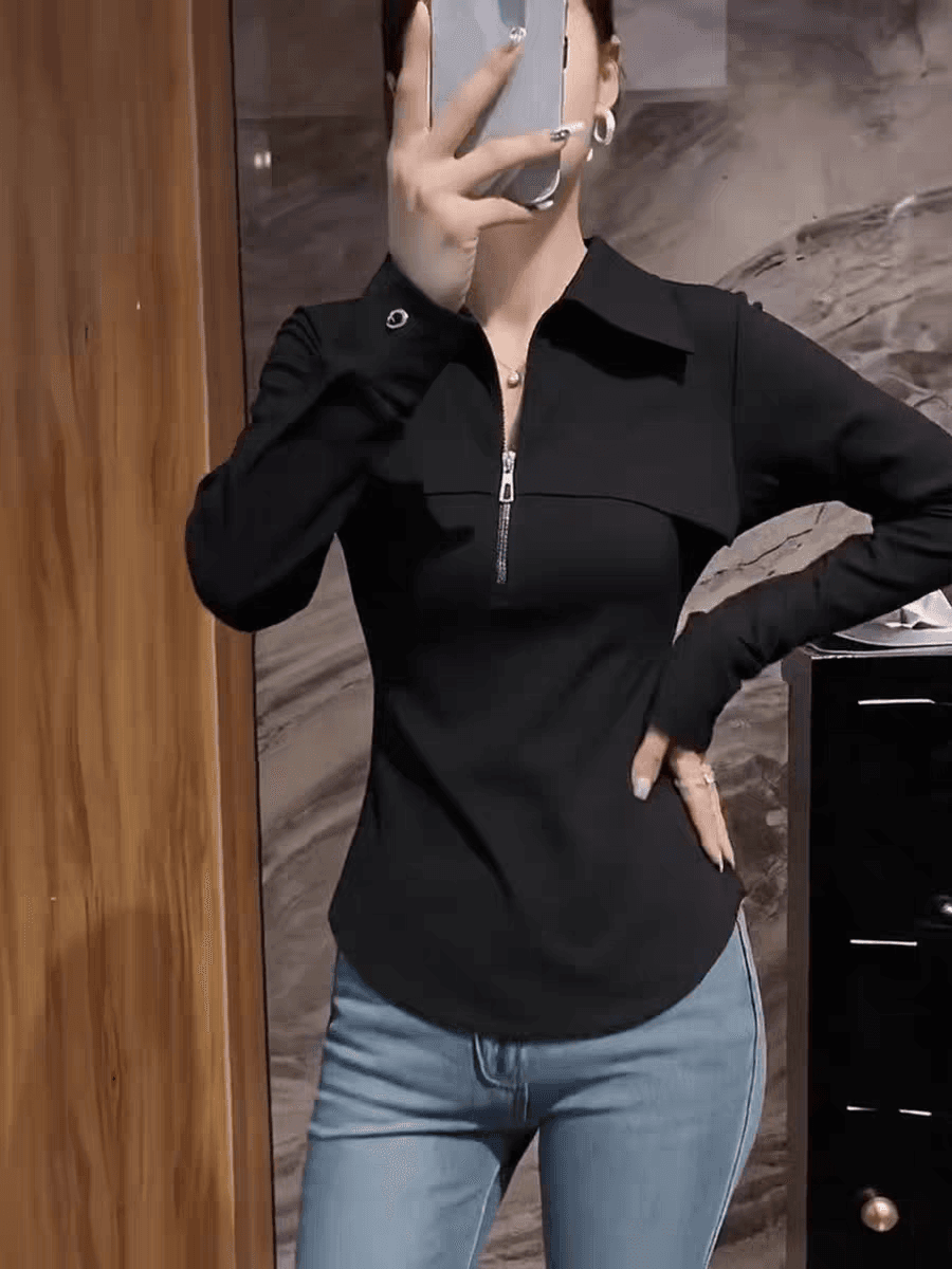 유럽 상품 고급 검정색 하프 지퍼 POLO 칼라 긴팔 티셔츠 봄 미니멀리즘 다용도 기본 셔츠 맨위 여성 상세 이미지 3