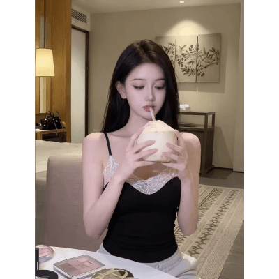 고유 한 아름다운 검정색 레이스 민소매 캐미솔 여름 디자인 센스 인사이드 가져 가라. 아름다움 뒤로 쇼트 스타일 자이언트 매운맛 맨위 이미지 2