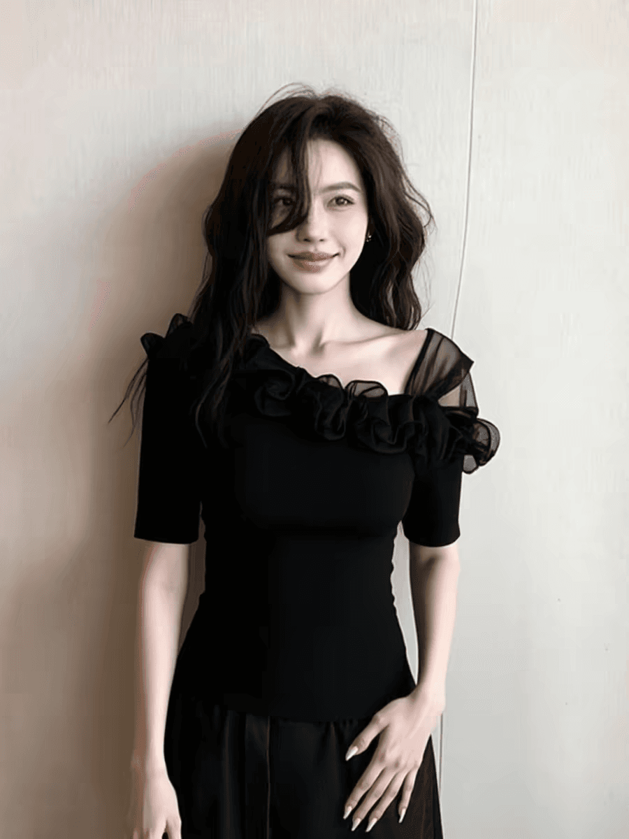 검정색 망사 패치워크 반팔 맨위 여성 의류 2026 여름 새로운 프릴 오프숄더 인사이드 가져 가라. 아름다운 슈퍼 잘 생긴 이미지 4