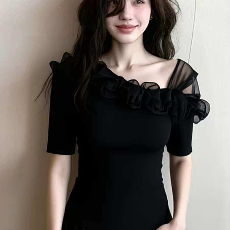 검정색 망사 패치워크 반팔 맨위 여성 의류 2026 여름 새로운 프릴 오프숄더 인사이드 가져 가라. 아름다운 슈퍼 잘 생긴 이미지 5