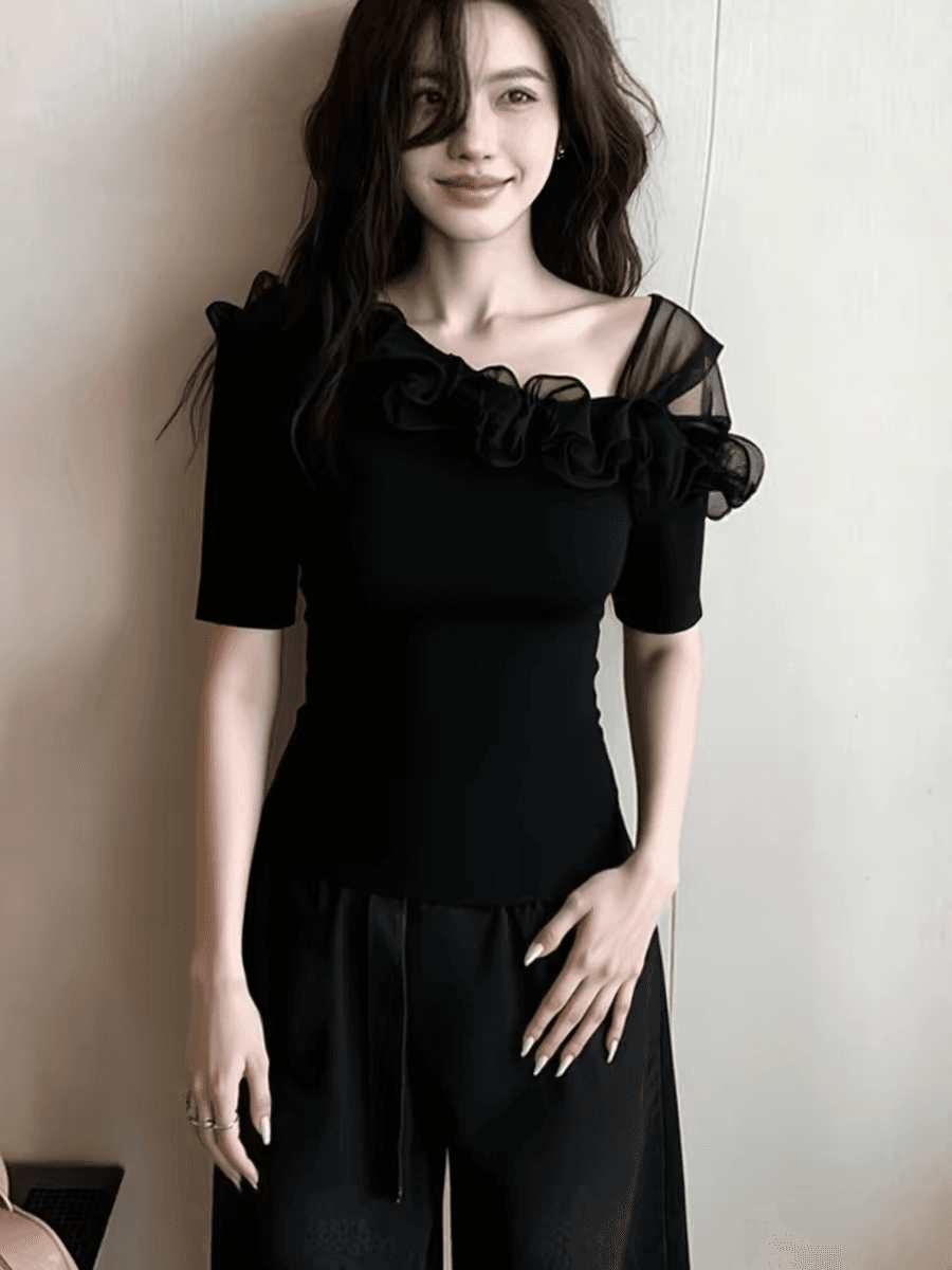 검정색 망사 패치워크 반팔 맨위 여성 의류 2026 여름 새로운 프릴 오프숄더 인사이드 가져 가라. 아름다운 슈퍼 잘 생긴 상세 이미지 3