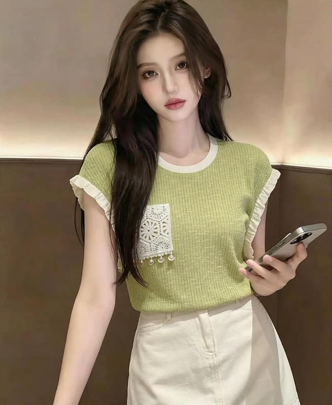 녹색 리프트 과일 레트로 라운드 넥 티셔츠 여성 여름 2025 년 새로운 루즈핏 캐주얼 슬림해 보이는 맨위 이미지 2