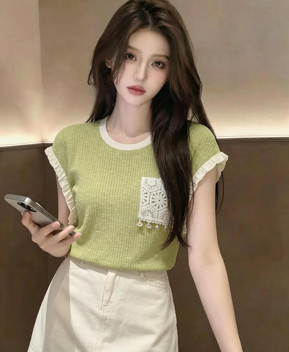 녹색 리프트 과일 레트로 라운드 넥 티셔츠 여성 여름 2025 년 새로운 루즈핏 캐주얼 슬림해 보이는 맨위 상세 이미지 1