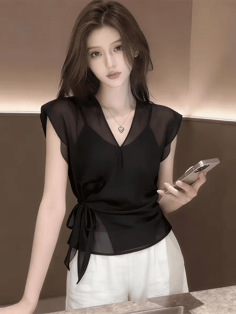 로얄 자매 바람 검정색 V넥 마이크로 ~을 통해 쇼트 스타일 쉬폰 여성 셔츠 2026 여름 새로운 레이스업 허리 수축 싱글 착용 맨위 이미지 3