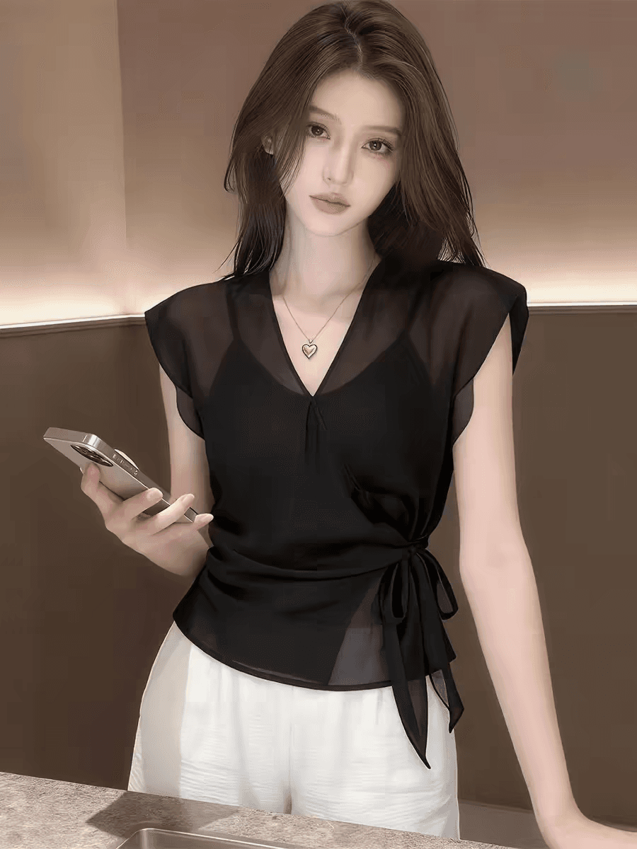 로얄 자매 바람 검정색 V넥 마이크로 ~을 통해 쇼트 스타일 쉬폰 여성 셔츠 2026 여름 새로운 레이스업 허리 수축 싱글 착용 맨위 상세 이미지 2