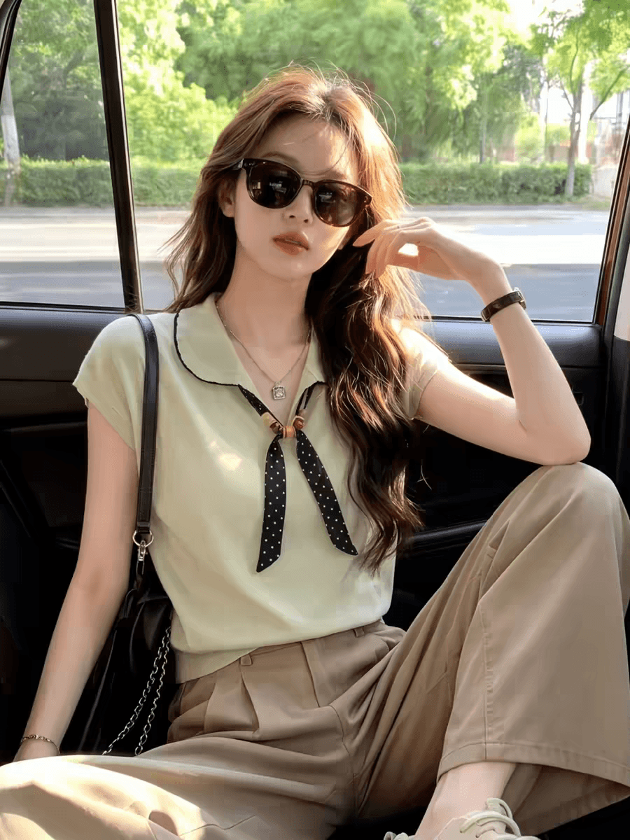 프랑스식 나비 매듭 도트 무늬 레이스업 폴로 칼라 아름다운 맨위 자이언트 잘 생긴 디자인 센스 여름 몸매 가꾸기 반팔 티셔츠 여성 이미지 3