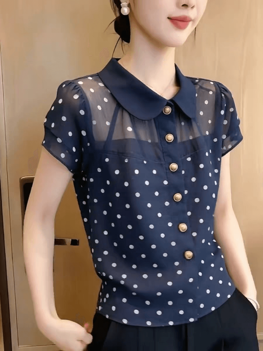 슈퍼 잘 생긴 패션 블루 색상 도트 무늬 반팔 여성 셔츠 출퇴근 바람 베이비 칼라 품격 Chic 고급 2026 상세 이미지 5