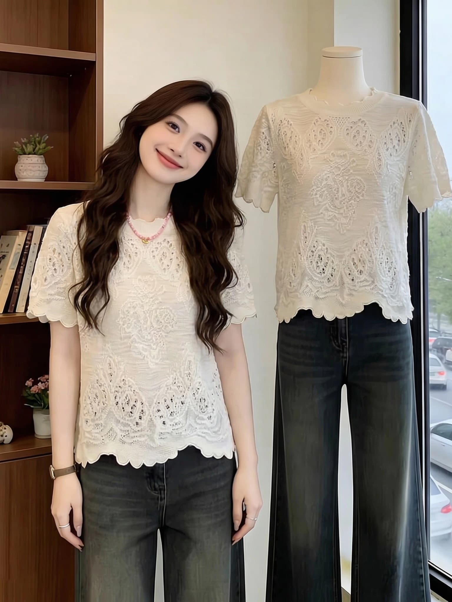 레이스 자수 홀로우 아웃 긍정적 인 어깨 반팔 티셔츠 여성 2026 여름 새로운 지방 mm 아름다운 작은 셔츠 슈퍼 잘 생긴 맨위 상세 이미지 3