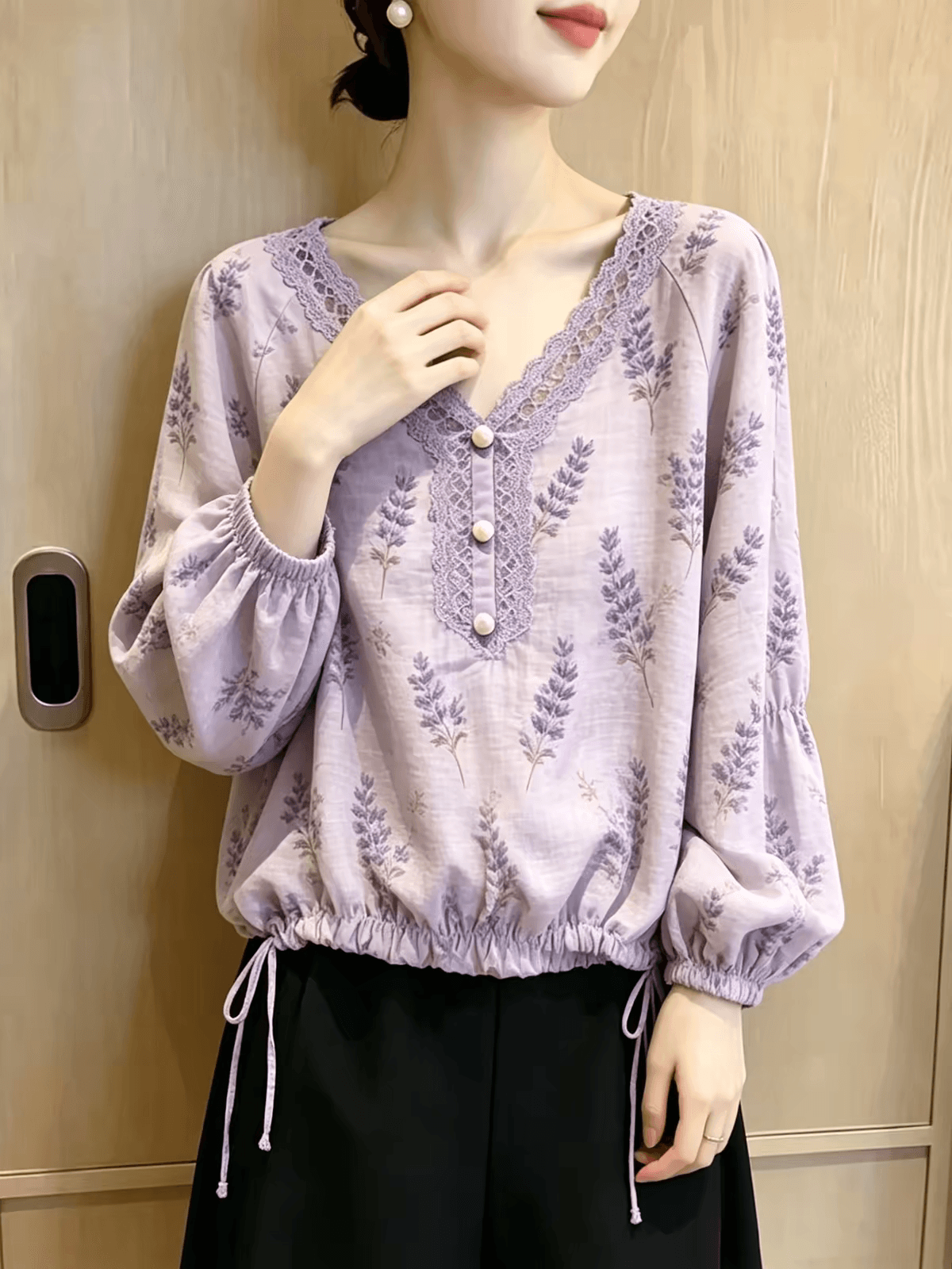 프랑스식 라벤더 프린트 V넥 여성 셔츠 허리 수축 레이스업 품격 맨위 슈퍼 잘 생긴 패션 고급 센스 작은 대중 이미지 3