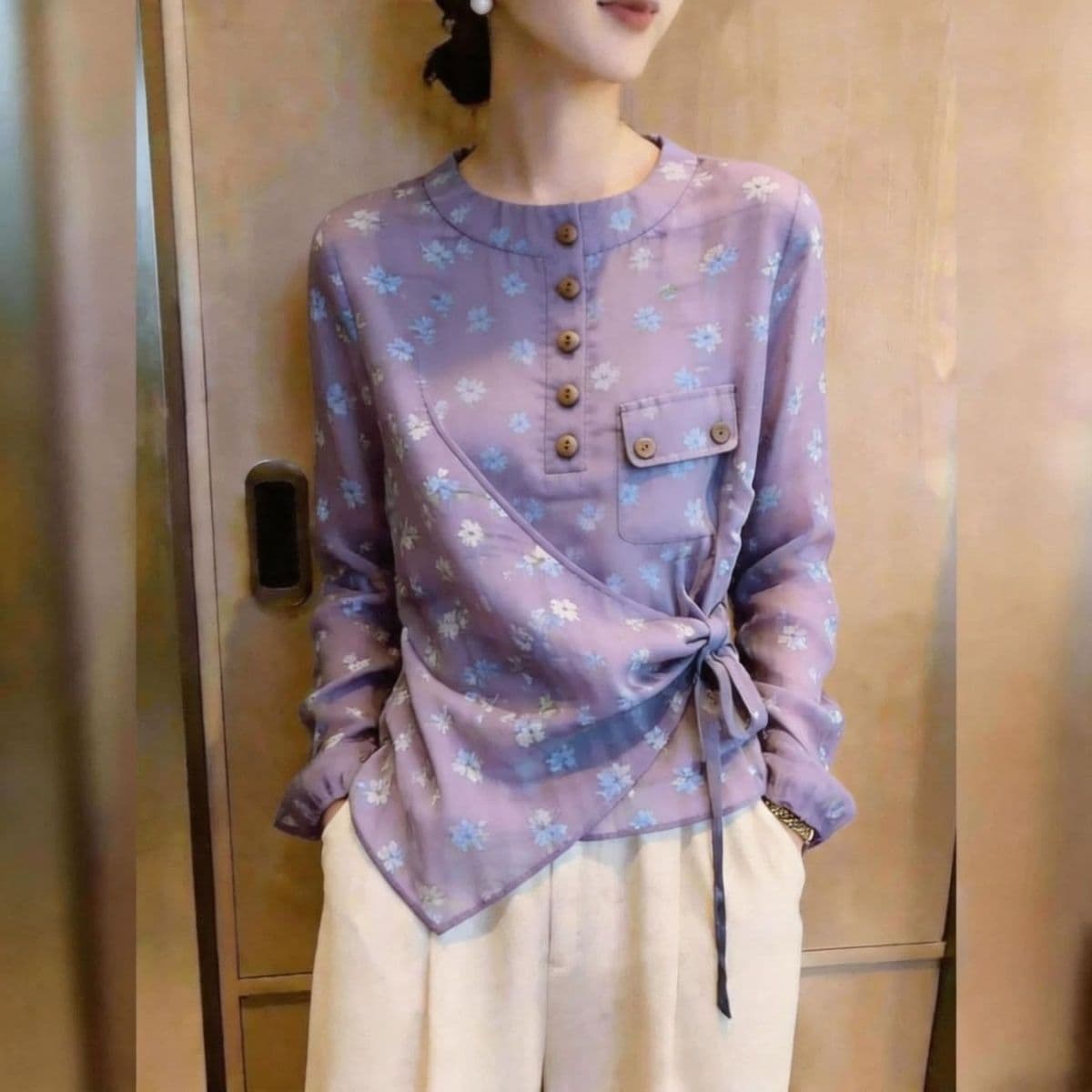 프랑스식 바람 꽃무늬 여성 셔츠 작은 대중 캐주얼 출퇴근 바람 Chic 고급 레이스업 맨위 2026 이른 가을 새로운 상세 이미지 5