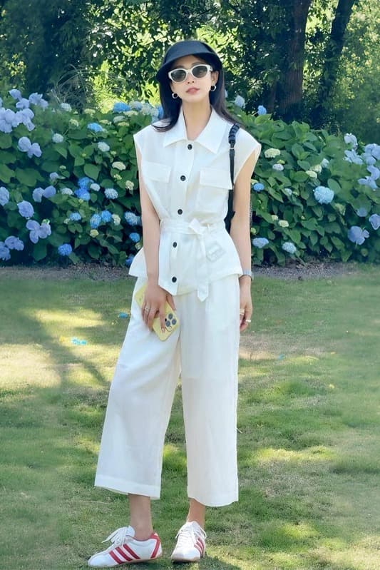 2026 년 여름 면 린넨 민소매 허리 수축 셔츠 와이드 레그 팬츠 세트 여성 여름 한 부서 캐주얼 품격 투피스 세트 이미지 6