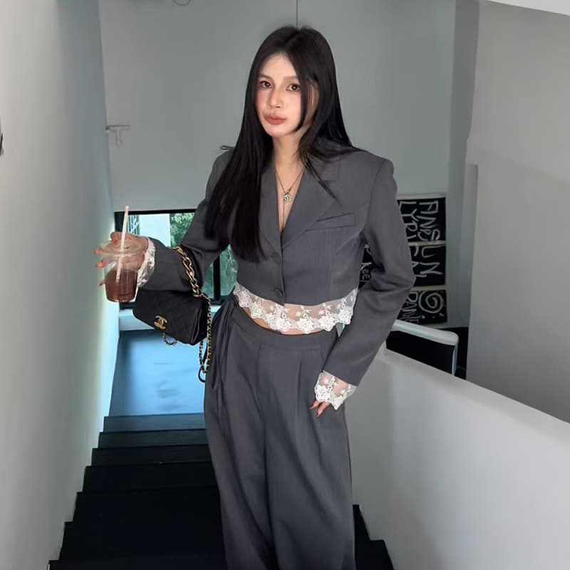2026 년 가을 새로운 디자인 센스 작은 대중 레이스 조각 블레이저 하이웨이스트 와이드 레그 팬츠 가을 의상 투피스 세트 이미지 4