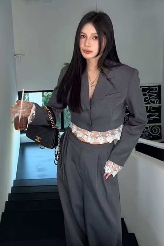 2026 년 가을 새로운 디자인 센스 작은 대중 레이스 조각 블레이저 하이웨이스트 와이드 레그 팬츠 가을 의상 투피스 세트 이미지 6