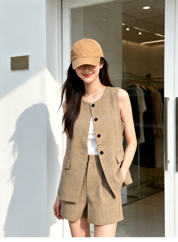 2026 년 여름 새로운 카키 색 아마 베스트 반바지 세트 여성 레저 출퇴근 민소매 투피스 조끼 상세 이미지 19