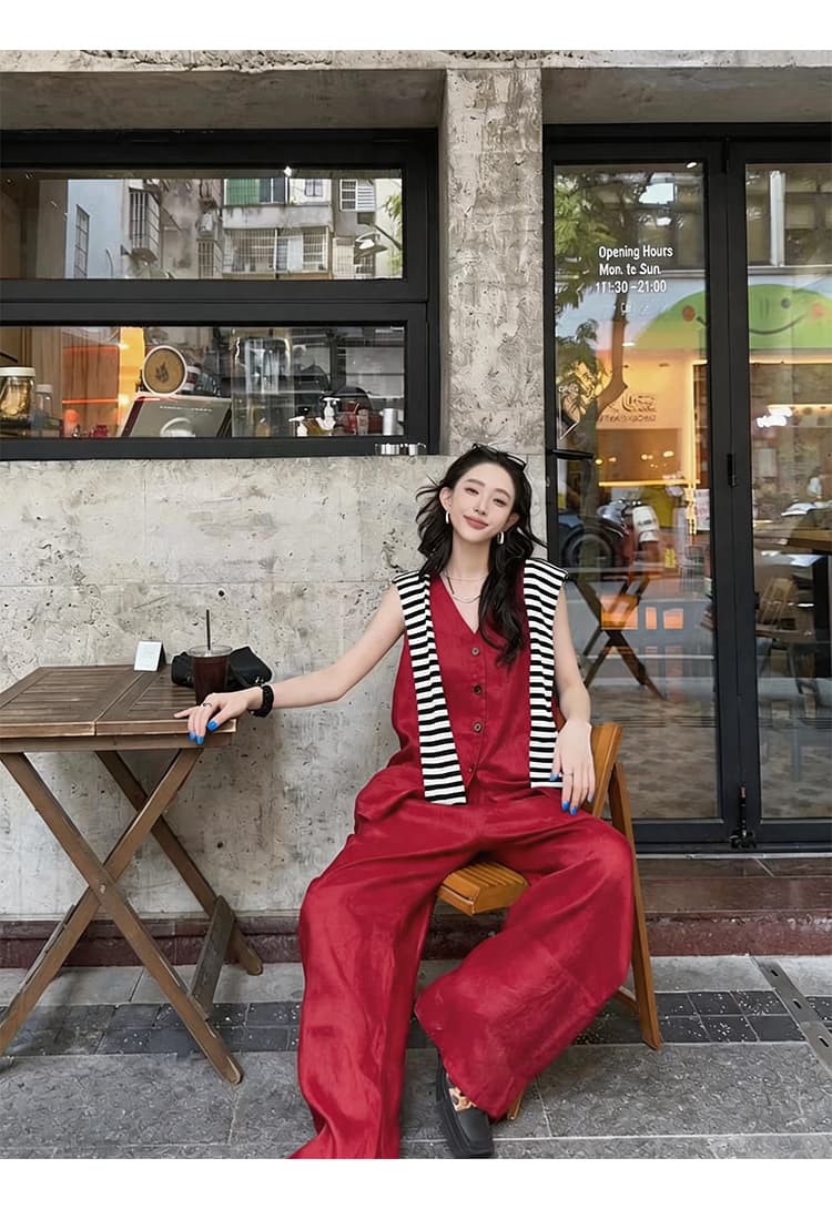 아마 베스트 반바지 세트 여성 여름 2026 새로운 얇고 가벼운 숄 민소매 V넥 루즈핏 셔츠 3종 세트 상세 이미지 13