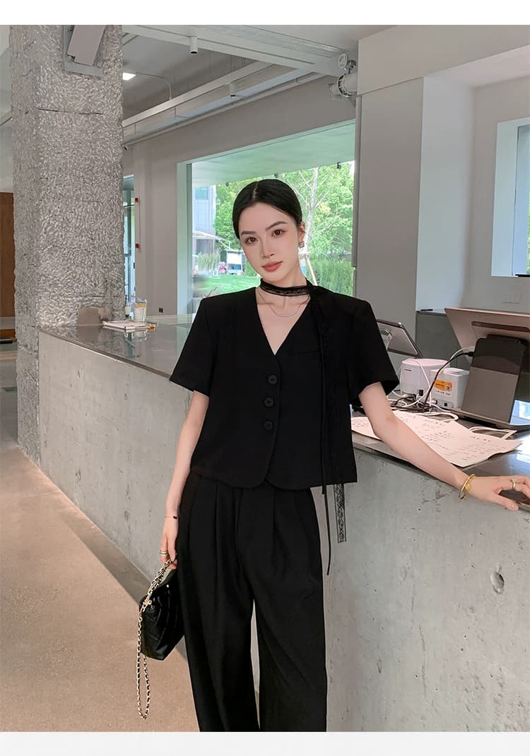 2026 여름 새로운 출퇴근 바람 검정색 반팔 정장 세트 여성 고급 센스 도루 센스 와이드 레그 팬츠 투피스 세트 상세 이미지 6
