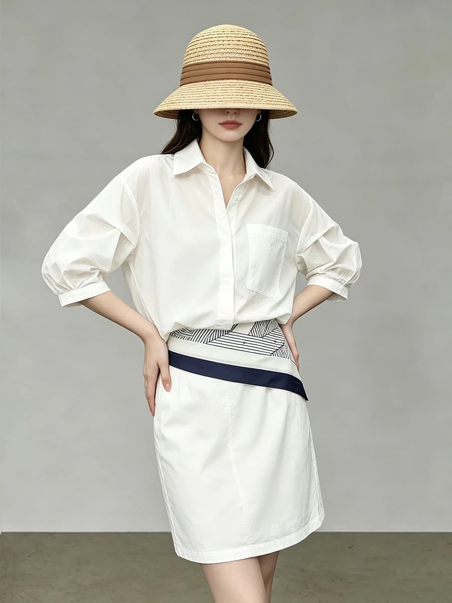 화이트 셔츠 드레스 2026 여성 여름 새로운 출퇴근 페이크 레이어드 스카프 허리 수축 슬림해 보이는 품격 미니 스커트 이미지 2
