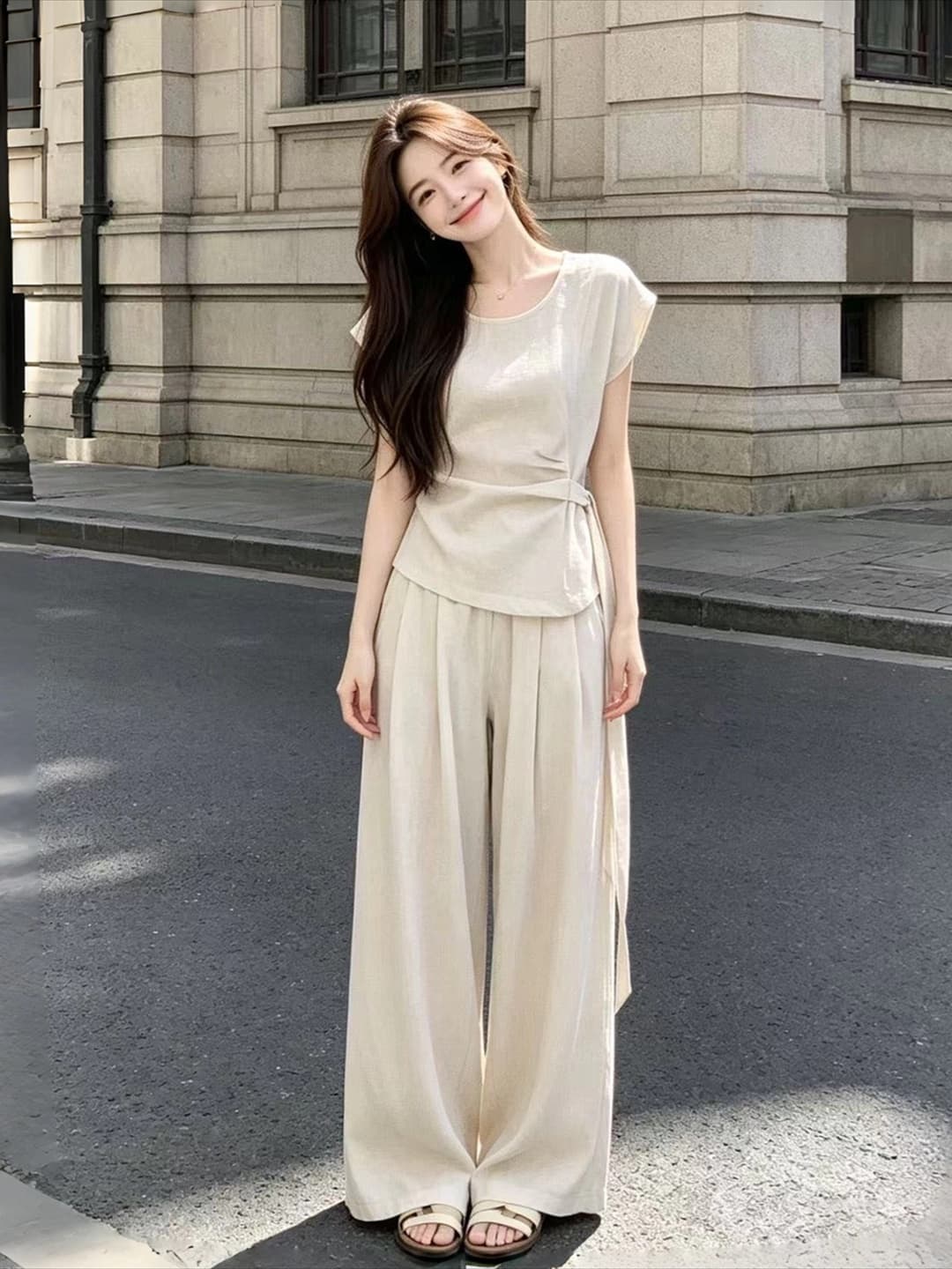 여름 게으른 여행 세트 얇고 가벼운 면 린넨 허리 수축 반팔 루즈핏 플리츠 와이드 레그 팬츠 착용 가져 가라. 투피스 세트 상세 이미지 4