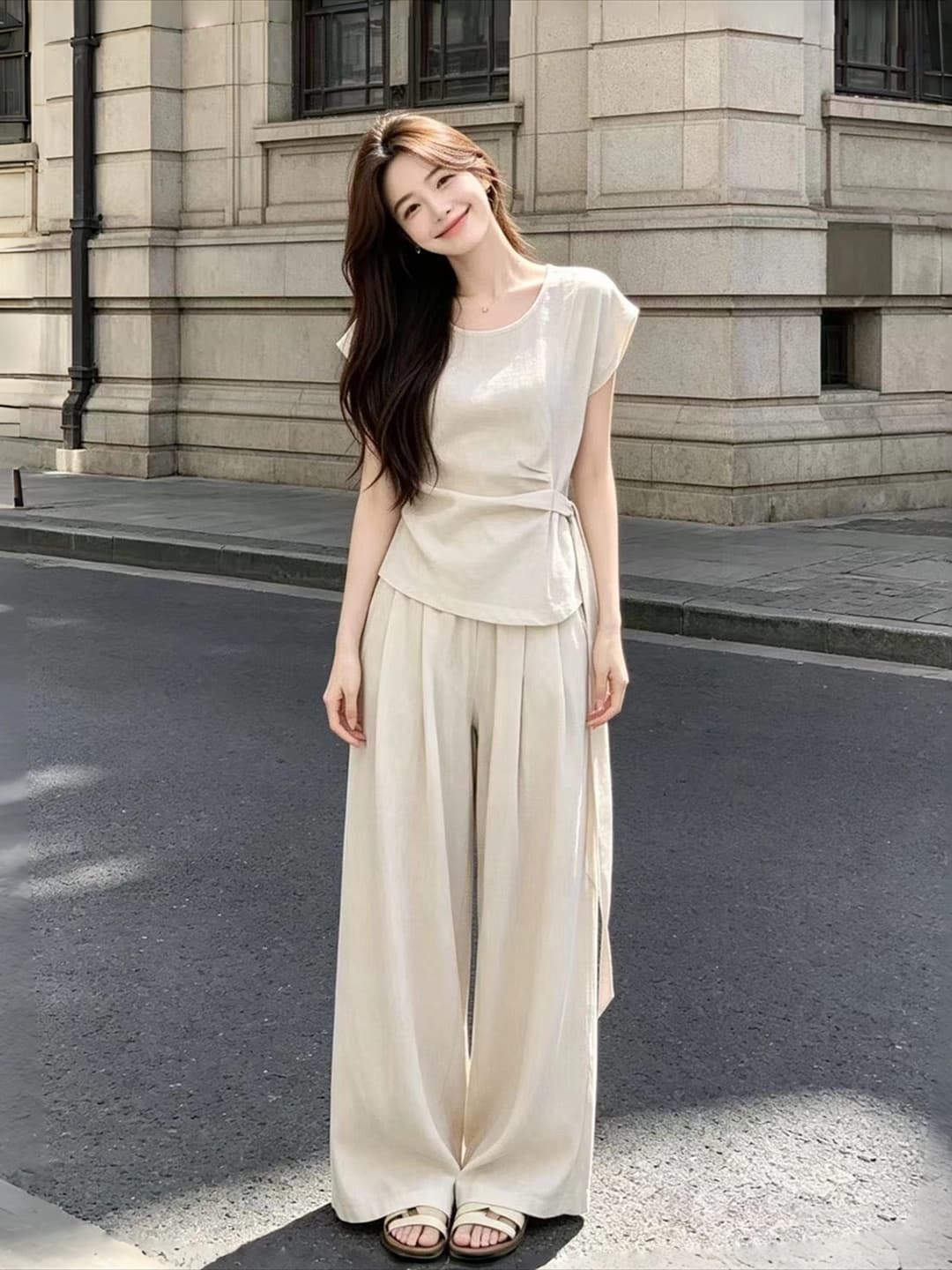 여름 게으른 여행 세트 얇고 가벼운 면 린넨 허리 수축 반팔 루즈핏 플리츠 와이드 레그 팬츠 착용 가져 가라. 투피스 세트 상세 이미지 6