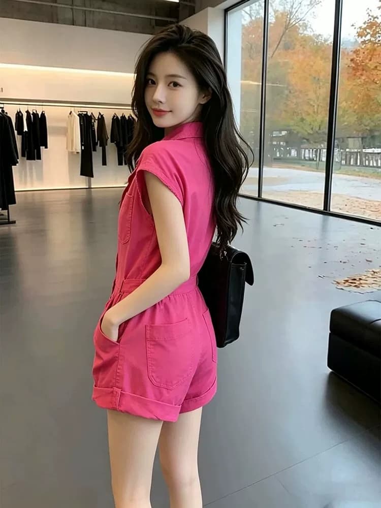 2026 여름 도파민 로즈 레드 민소매 올인원 반바지 여성 허리 수축 레이스업 연령 감소 워크웨어 올인원 반바지 상세 이미지 3