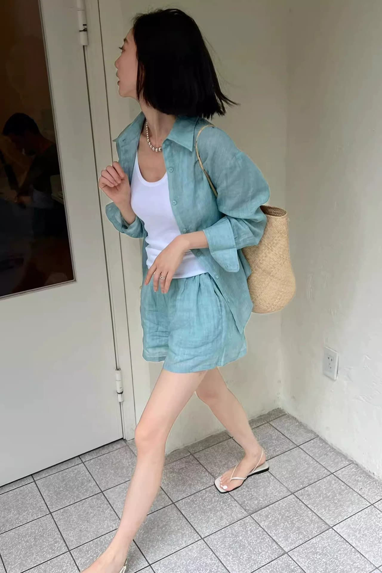 느슨함 센스 하늘빛 색상 아마 투피스 세트 얇고 가벼운 통기성 자외선 차단 셔츠 넓은 다리가 짧다. 바지 출퇴근 세트 투피스 세트 이미지 7